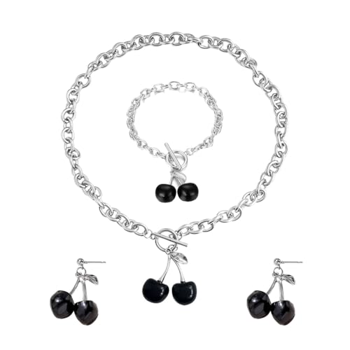 Auriselle Damen Schmuck Set Schwarz Kirsche Halskette Ohrringe Armband 3 Stück Frauen Acryl Schmuck Hochzeit Geschenke für Ladies, Schwarz von Auriselle