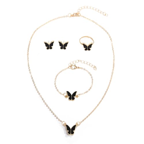 Auriselle Damen Schmuck Set Schwarzer Schmetterling Halskette Armband Ohrringe Ring 4 Stück Frauen Schmuck mit Cubic Zirkonia Hochzeit Geschenke für Ladies von Auriselle