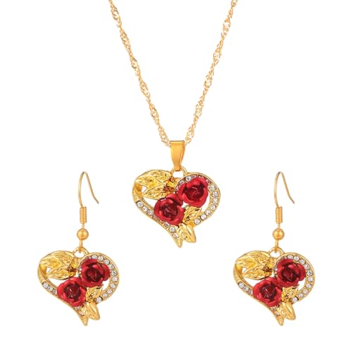 Auriselle Damen Schmuck Set Strassstein Herzförmiges Rosen Halsketten Ohrring 2 Stück Frauen Schmuck mit Strassfassung Hochzeit Geschenke für Ladies von Auriselle