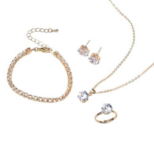 Auriselle Damen Schmuck Set Strassstein Ohrringe Halskette Armband Ring Klassisch 4 Stück Frauen Schmuck mit Cubic Zirkonia Hochzeit Geschenke für Ladies, Gold von Auriselle