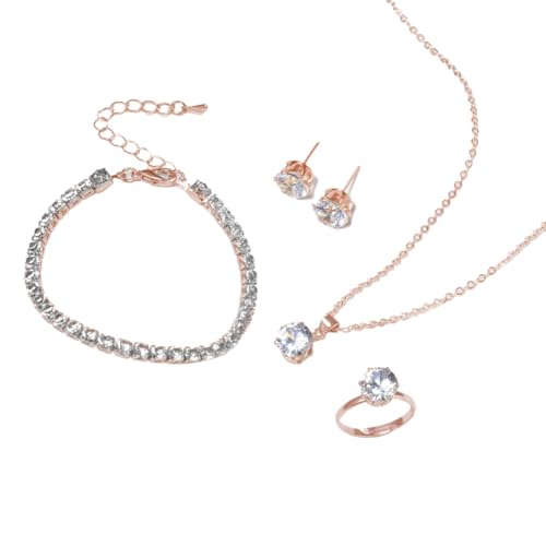 Auriselle Damen Schmuck Set Strassstein Ohrringe Halskette Armband Ring Klassisch 4 Stück Frauen Schmuck mit Cubic Zirkonia Hochzeit Geschenke für Ladies, Roségold von Auriselle