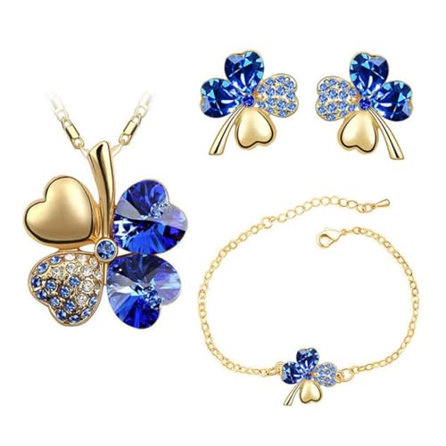 Auriselle Damen Schmuckset Glücklich Vierblättriges Kleeblatt Strassstein Ohrringe Halskette Armband 3 Stück Frauen Schmuck mit Cubic Zirkonia Hochzeit Geschenke für Ladies, Blau von Auriselle