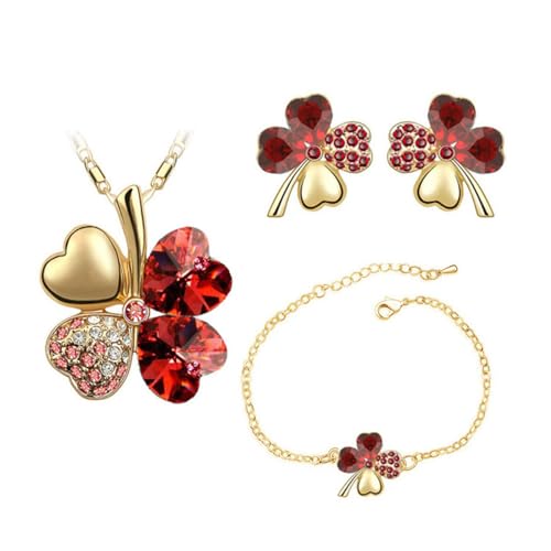 Auriselle Damen Schmuckset Glücklich Vierblättriges Kleeblatt Strassstein Ohrringe Halskette Armband 3 Stück Frauen Schmuck mit Cubic Zirkonia Hochzeit Geschenke für Ladies, Rot von Auriselle