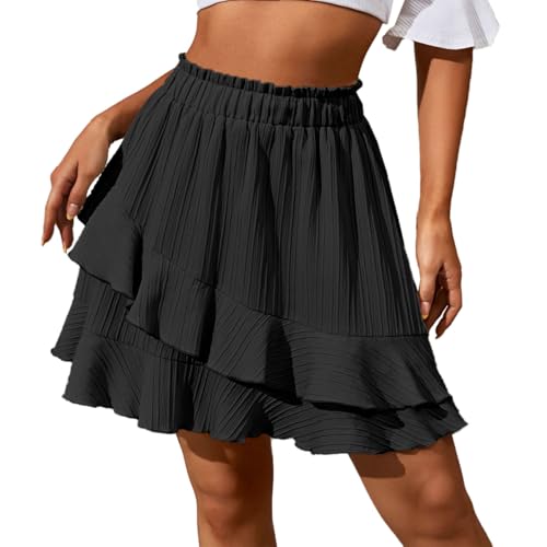 Auriselle Damen Unregelmäßig Geraffter Boho Rock Sexy Hohe Taille Kurzer Mini Skaterrock Elastische Taille Enger Minirock Club Party Loose Fit Sommer Röcke, Schwarz, L von Auriselle