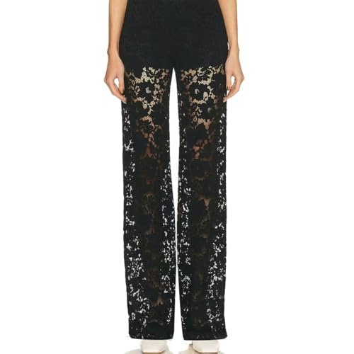 Auriselle Damen Y2K Transparente Bestickte Spitzenhose mit Hoher Taille und Geradem Bein Elastischem Bund Mesh Street Rave Hose für Nachtclub Clubbing Party, Schwarz, L von Auriselle