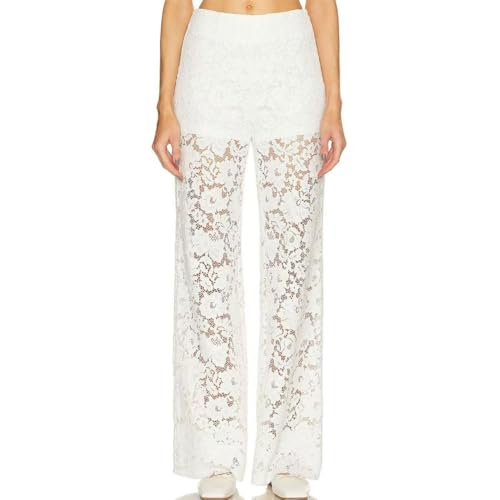 Auriselle Damen Y2K Transparente Bestickte Spitzenhose mit Hoher Taille und Geradem Bein Elastischem Bund Mesh Street Rave Hose für Nachtclub Clubbing Party, Weiß, L von Auriselle