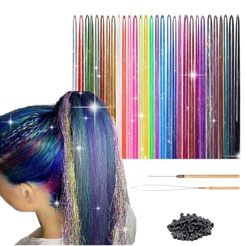 Auriselle Hair Tinsel 16 Farben Set, Glitzer Haar Lametta mit 2 Haken + 200 Silikonperlen für Unsichtbares Flechten, Party Cosplay Festival, 120cm Regenbogen Extensions für Frauen Mädchen von Auriselle
