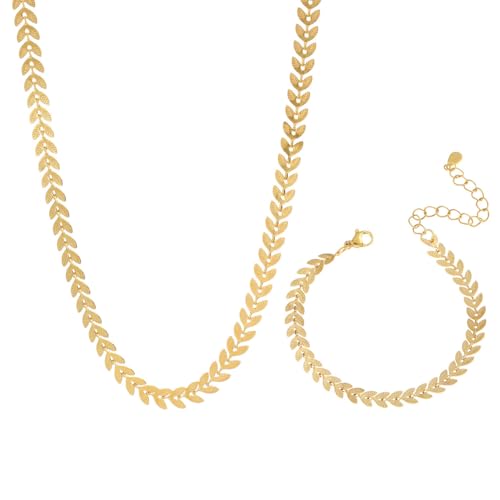 Auriselle Schmucksets für Damen, 2-Teiliges 18K Vergoldet Schmuck-Set Weizenohren Halskette Armband Set Glänzend Elegant Blumen, Edelstahl Ketten Verstellbare Länge Jewelry für Frauen Mädchen, Golden von Auriselle