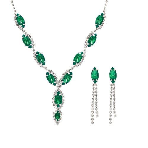 Auriselle Strass Hochzeitsschmuck Damen, 2-Teiliges Brautschmuck Schmucksets Braut Tropfen Anhänger Halskette Ohrring Set Strasssteinen Glänzend, Hochzeit Jewelry Ketten Frauen Mädchen, Grüne von Auriselle