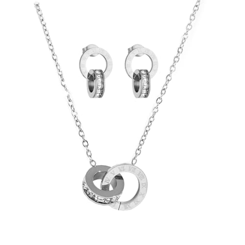 Auriselle Strass Schmucksets Damen, 2-Teiliges 18K Vergoldet Schmuck Römischer Ring Anhänger Halskette Ohrring Set Strasssteinen Glänzend, Titan Stahl Ketten Verstellbare Jewelry Mädchen, Silbern von Auriselle