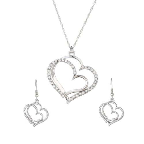 Auriselle Strass Schmucksets Damen, 2-Teiliges Schmuck Doppellagiger Herz Anhänger Halskette Ohrring Set Strasssteinen Glänzend, Heart Ketten Verstellbare Länge Jewelry Frauen Mädchen, Silbern Auriselle Strass Schmucksets Damen, 2-Teiliges Schmuck Doppellagiger Herz Anhänger Halskette Ohrring Set Strasssteinen Glänzend, Heart Ketten Verstellbare Länge Jewelry Frauen Mädchen, Silbern von Auriselle