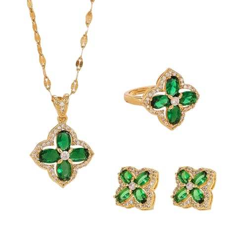 Auriselle Strass Schmucksets Damen, 3-Teiliges Braut Vierblättriges Kleeblatt Anhänger Halskette Ring Ohrring Smaragdgrünen Strasssteinen Glänzend Jewelry Titan-Stahl Ketten Verstellbare Länge Golden von Auriselle