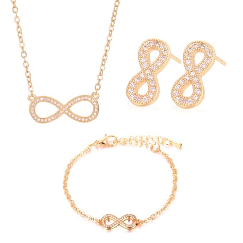 Auriselle Strass Schmucksets Damen, 3-Teiliges Schmuck Unendlichkeit Zeichen Anhänger Halskette Armband Ohrring Set Strasssteinen Glänzend, Ketten Verstellbare Länge Jewelry Mädchen, Golden von Auriselle