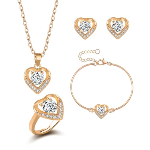 Auriselle Zirkonia Schmucksets Damen, 4-Teiliges Schmuck-Set Herz Anhänger Halskette Armband Ring Ohrring Set Zirkon Glänzend, Heart Ketten Verstellbare Länge Jewelry Frauen Mädchen, Golden von Auriselle