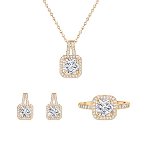Auriselle Zirkonia Schmucksets für Damen, 3-Teiliges Schmuck-Set Quadratischer Anhänger Halskette Ring Ohrring Set Zirkon Glänzend, Ketten Ringe Einstellbare Jewelry Frauen Mädchen, Golden von Auriselle