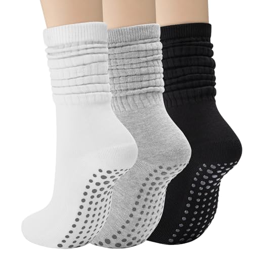 Aurmly Damen Slouch Stoppersocken 3 Paar, Knit Cotton Rutschfeste Socken für Damen, Yoga Pilates Hausschuhsocken, Kniestrümpfe Lange Socken, Scrunch Kniehohe Stiefelsocken, EU 36-41 von Aurmly