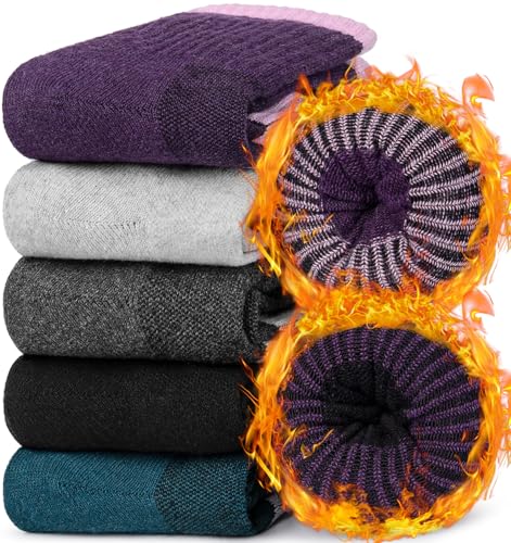 Aurmly Damen Winter Wollsocken Wandersocken 5 Paar, Warme Thermosocken und Dicke Stricksocken Wolle Socken Sportsocken für Casual Outdoor Trekking, EU36-41 von Aurmly