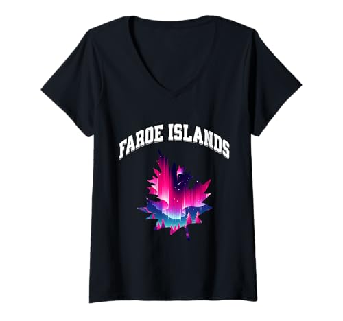 Damen Faroer Islands Aurora Borealis Northern Lights Souvenir T-Shirt mit V-Ausschnitt von Aurora Borealis Over Faroe Islands Leaf Art