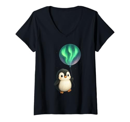 Damen Niedlicher Pinguin- und Aurora-Ballon, skurriles Nachtszenen-Design T-Shirt mit V-Ausschnitt Damen Niedlicher Pinguin- und Aurora-Ballon, skurriles Nachtszenen-Design T-Shirt mit V-Ausschnitt von Aurora Snow