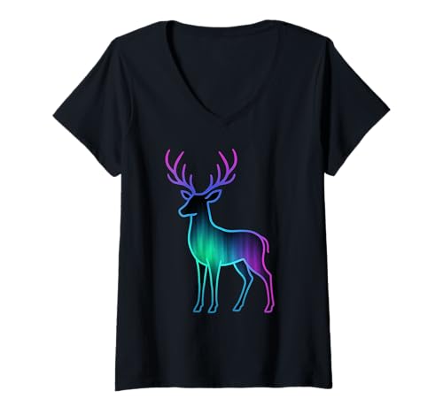 Damen Farbverlauf, Hirsch-Silhouetten-Design T-Shirt mit V-Ausschnitt Damen Farbverlauf, Hirsch-Silhouetten-Design T-Shirt mit V-Ausschnitt von Aurora Stag
