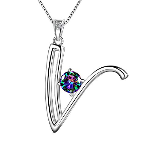 Aurora Tears 925 Sterling Silber Buchstabe V Halsketten Mystischer Regenbogentopas Alphabet Initial V Anhänger Schmuck für Frauen und Mädchen DP0195V von Aurora Tears