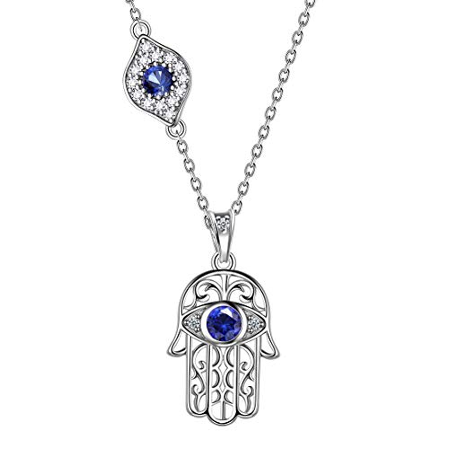 Aurora Tears 925 Sterling Silber Hamsa Fatima Hand Halskette Evil Eye Anhänger mit Blue Sapphire Dating Geschenke für Frauen DP0125B von Aurora Tears