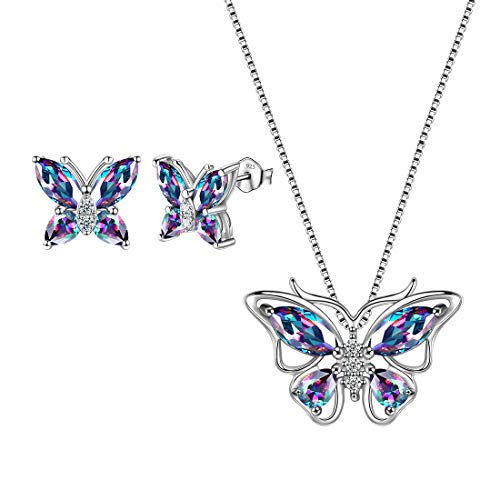 Aurora Tears 925 Sterling Silber Schmetterling Halskette Ohrringe Mystic Rainbow Topaz Anhänger Ohrstecker Schmuck Set für Frauen DS0035M von Aurora Tears