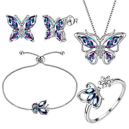 Aurora Tears 925 Sterling Silber Schmetterling Halskette Ohrringe Ringe Armband Mystic Rainbow Topaz Anhänger Ohrstecker Schmuck Set für Frauen DS0070T von Aurora Tears