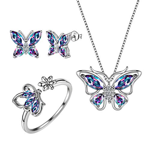 Aurora Tears 925 Sterling Silber Schmetterling Halskette Ohrringe Ringe Mystic Rainbow Topaz Anhänger Ohrstecker Schmuck Set für Frauen DS0039M von Aurora Tears