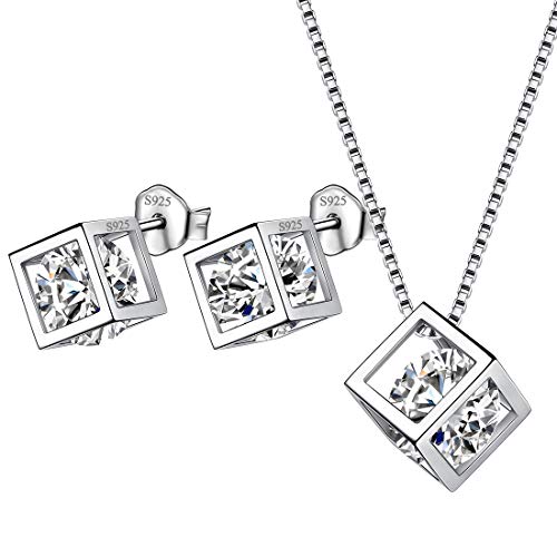 Aurora Tears April Birthstone Halskette Ohrstecker 925 Sterling Silber Weiß CZ Quadrat Geburtsstein Schmuck Set für Frauen und Mädchen DX0028W von Aurora Tears