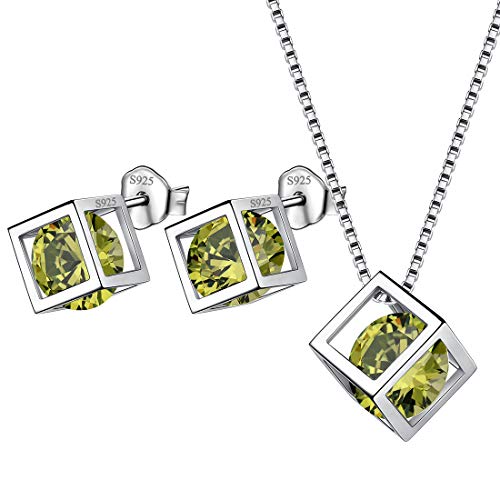 Aurora Tears August Birthstone Halskette Ohrstecker 925 Sterling Silber Grün Peridot Quadrat Geburtsstein Schmuck Set Geschenke für Frauen und Mädchen DS0028A von Aurora Tears