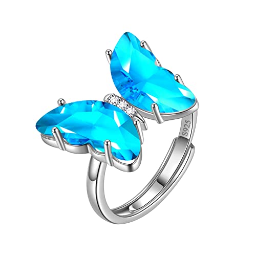 Aurora Tears Blauer Schmetterling Herz Ring Einstellbare Frauen 925 Sterling Silber Tier Schmetterlinge März Erstellt Aquamarin Birthstone Ring Kristall Hochzeit Geburtstag Schmuck DR0133M von Aurora Tears