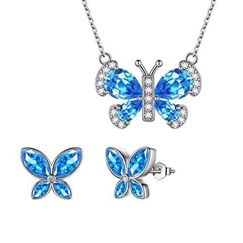 Aurora Tears Blauer Schmetterling Schmuck Sets Frauen 925 Sterling Silber Tier Schmetterlinge März Birthstone Aquamarin Halskette/Ohrring Set Kristall Hochzeit Geburtstag Schmuck DS0090M von Aurora Tears