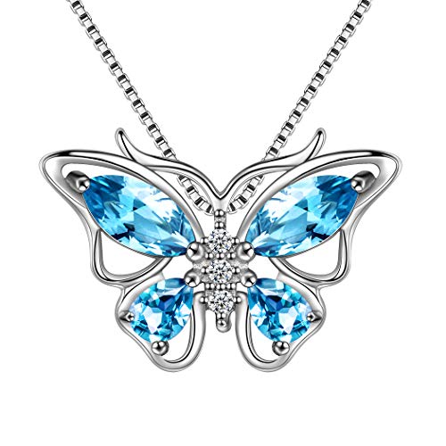 Aurora Tears 925 Sterling Silber Schmetterling Halsketten Crystal Swiss Sky Blue Topas März Birthstone Blue Aquamarin Anhänger Halskette Geschenk für Frauen und Mädchen DP0013S von Aurora Tears