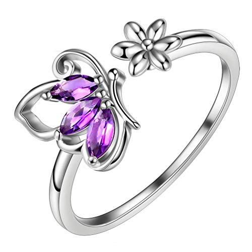 Aurora Tears Damenschmuck Schmetterling Ring 925 Sterling Silber Februar Birthstone Ringe Lila Amethyst Öffnung Einstellbare Ringe Lila Kristalle Zirkonia Gfits DR0074P von Aurora Tears