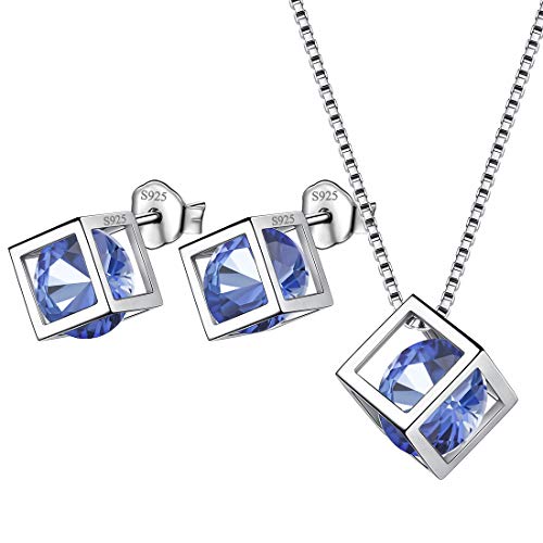 Aurora Tears Dezember Birthstone Halskette Ohrstecker 925 Sterling Silber Tansanit Quadrat Geburtsstein Schmuck Set Geschenke für Frauen und Mädchen DS0028U von Aurora Tears