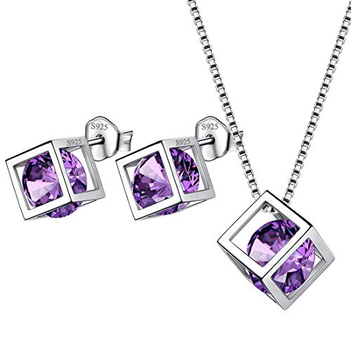 Aurora Tears Februar Birthstone Halskette Ohrstecker 925 Sterling Silber Lila Amethyst Platz Geburt Stein Schmuck Set Geschenke für Frauen und Mädchen DS0028F von Aurora Tears
