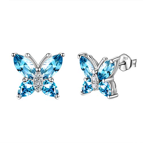 Aurora Tears Frauen Schmetterling Ohrringe 925 Sterling Splitter Schmuck 925 Sterling Silber März Birthstone Blau Aquamarin Stud Dating DE0078S von Aurora Tears