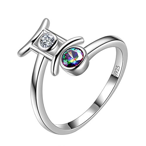 Aurora Tears Gemini Ring Zodiac verstellbare Ringe 925 Sterling Splitter Mystic Rainbow Topaz Konstellation offener Ring Horoskop Schmuck für Frauen und Mädchen DR0087G von Aurora Tears