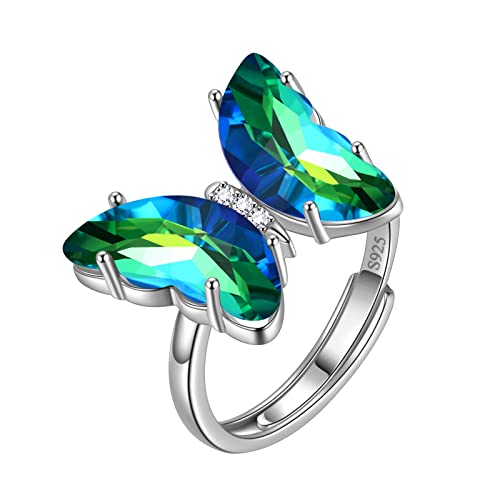 Aurora Tears Grüner Schmetterling Herz Ring Einstellbare Frauen 925 Sterling Silber Tier Schmetterlinge May Erstellt Smaragd Birthstone Smaragd Offener Ring Kristall Hochzeit Schmuck DR0133G von Aurora Tears