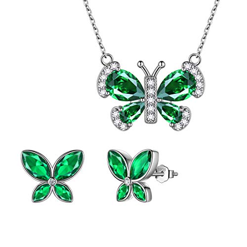 Aurora Tears Grüner Schmetterling Schmuck Sets Frauen 925 Sterling Silber Tier Schmetterlinge Mai Birthstone Smaragd Halskette/Ohrring Set Kristall Hochzeit Geburtstag Schmuck DS0090G von Aurora Tears