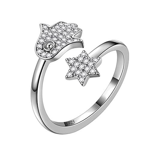Aurora Tears Hamsa Fatima Hand und Davidstern Verstellbare Ringe 925 Sterling Silber Sterne und Hand Offener Ring Schmuck für Männer und Frauen DR0126W von Aurora Tears