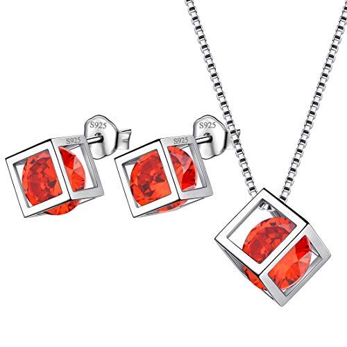 Aurora Tears Januar Birthstone Halskette Ohrstecker 925 Sterling Silber Roter Granat Quadrat Geburtsstein Schmuck Set Geschenke für Frauen und Mädchen DS0028J von Aurora Tears