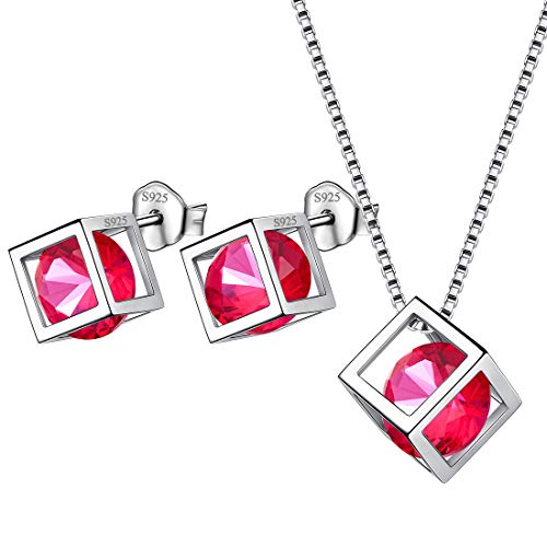 Aurora Tears Juli Birthstone Halskette Ohrstecker 925 Sterling Silber Rot Rubin Quadrat Geburtsstein Schmuck Set für Frauen und Mädchen DS0028R von Aurora Tears