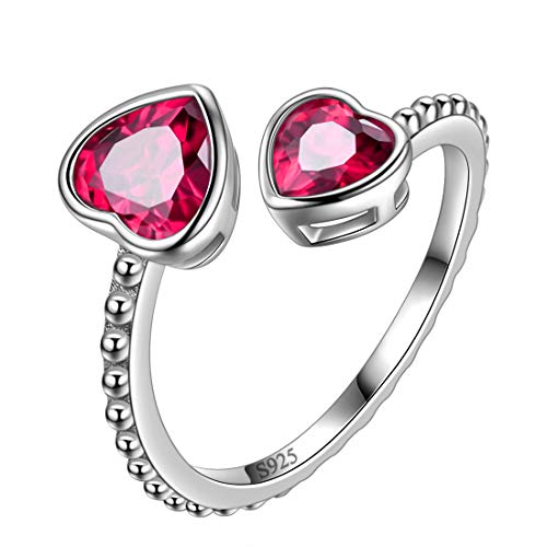 Aurora Tears Juli Birthstone Love Heart verstellbare Ringe 925 Sterling Silber Birthstone Double Heart Open Ring Geburtsstein Schmuck Geschenke für Frauen und Männer DR0109R von Aurora Tears