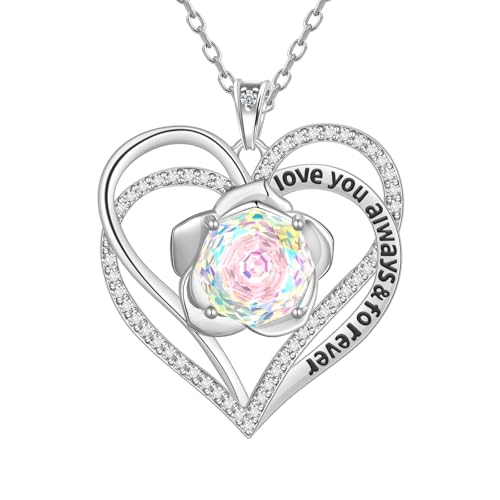 Aurora Tears Liebe Herz April Geburtsstein Halsketten 925 Sterling Silber Doppel für immer Herz Rose Anhänger mit Rose Cut CZ Geburtsstein Schmuck für Frauen DP0388W von Aurora Tears