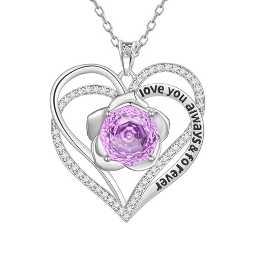 Aurora Tears Liebe Herz Februar Geburtsstein Halsketten 925 Sterling Silber Doppel für immer Herz Rose Anhänger mit Rose Cut CZ Geburtsstein Schmuck für Frauen DP0388F von Aurora Tears