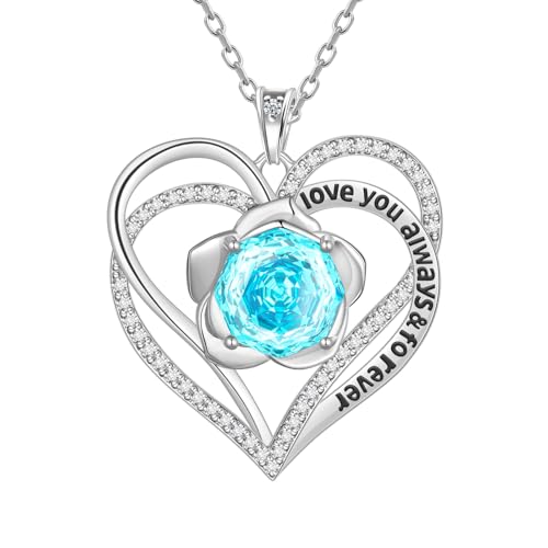 Aurora Tears Liebe Herz März Geburtsstein Halsketten 925 Sterling Silber Doppel für immer Herz Rose Anhänger mit Rose Cut CZ Geburtsstein Schmuck für Frauen DP0388M von Aurora Tears