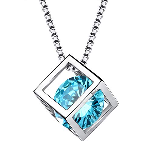 Aurora Tears März Birthstone Halskette 925 Sterling Silber Blau Aquamarin Quadrat Geburtsstein Anhänger Schmuck Geschenke für Frauen und Mädchen DP0028M von Aurora Tears