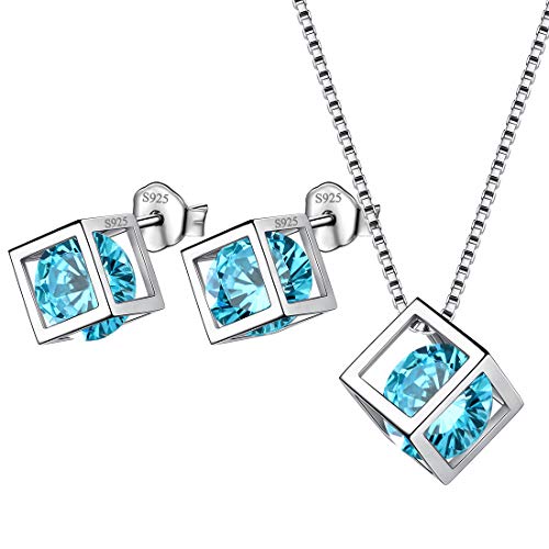 Aurora Tears März Birthstone Halskette Ohrstecker 925 Sterling Silber Blau Aquamarin Quadrat Geburtsstein Schmuck Set für Frauen und Mädchen DS0028M von Aurora Tears